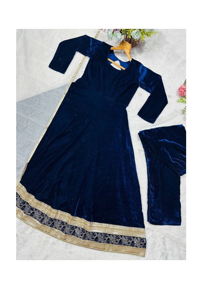 Malishka Export Blue Velvet Anarkali Kurta With Dupatta for Women - Image 4